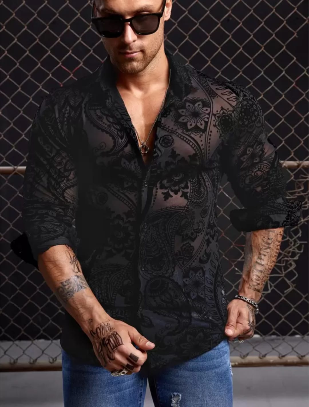 Men's Black Sheer Floral Printed Slim Fit Shirt